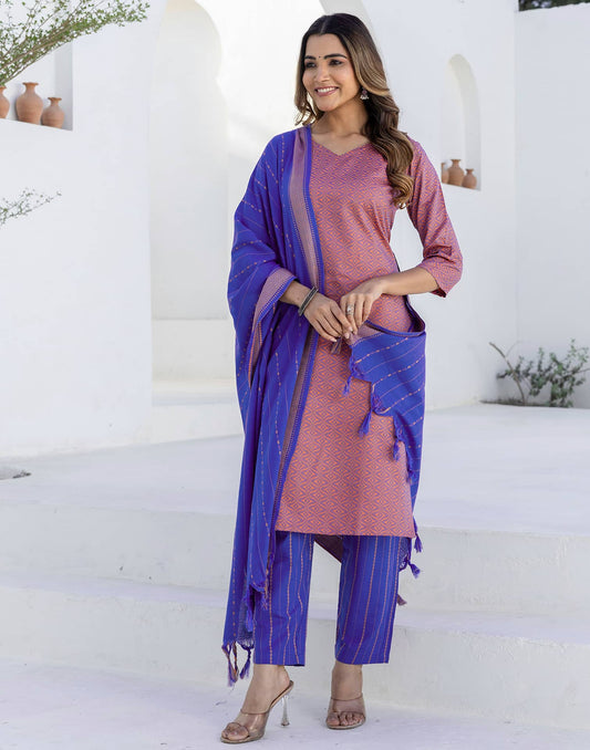 Blue Cotton Weaving A-Line Kurta Set for Women with Pant and Dupatta
