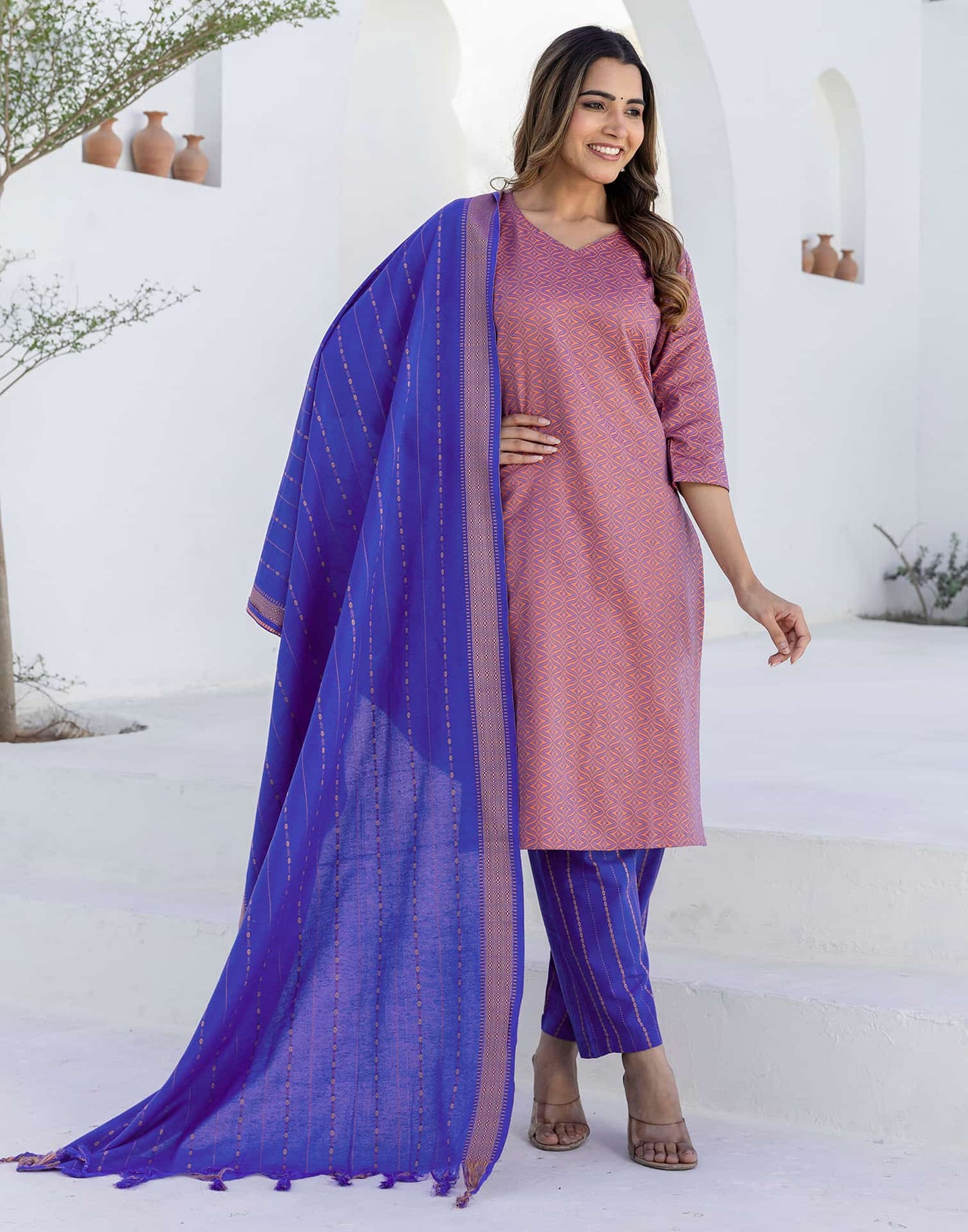 Cotton Weaving A-Line Kurta with Pant & Dupatta
