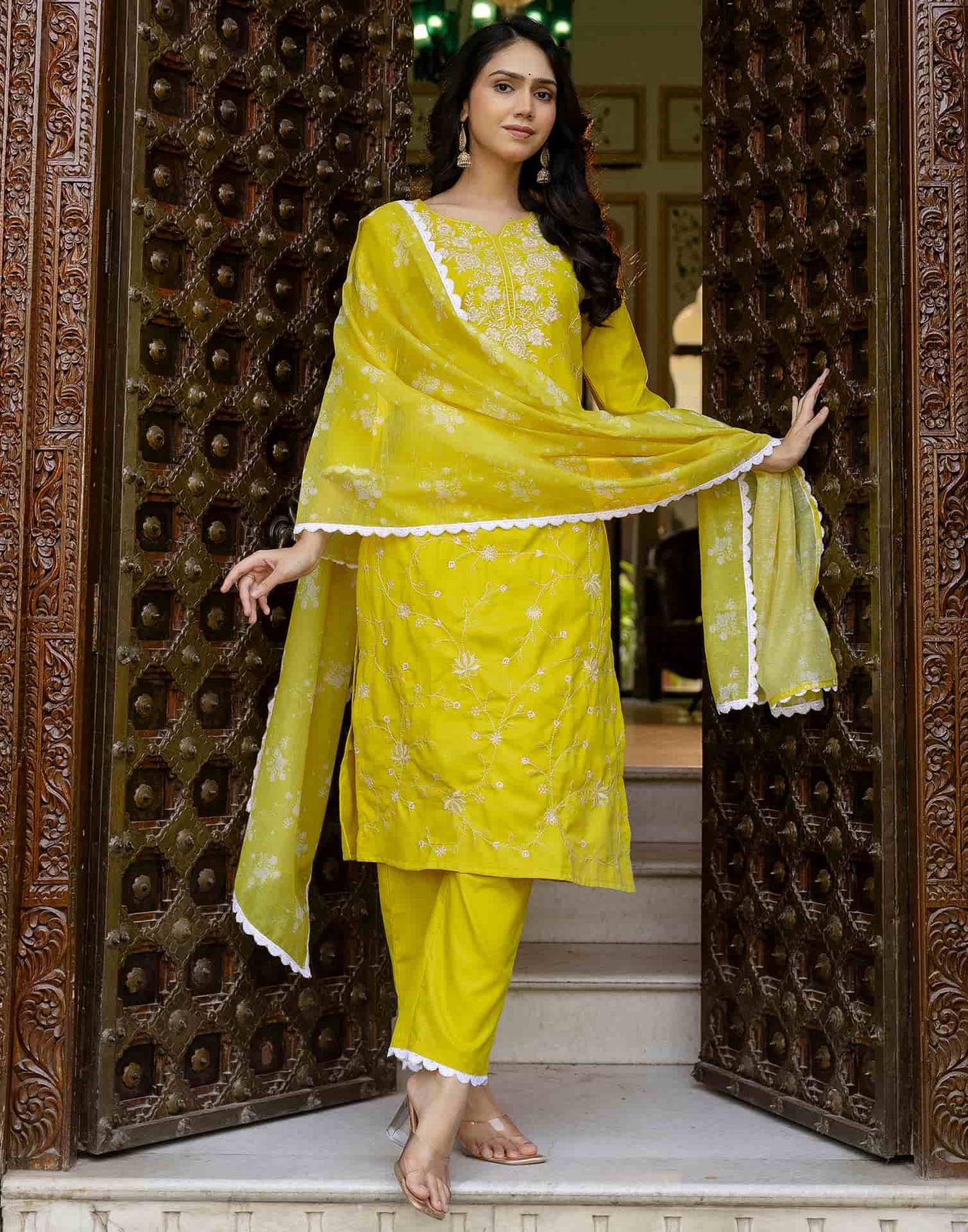 Cotton Blend Embroidery and Sequins Work Straight Kurta with Pant & Dupatta