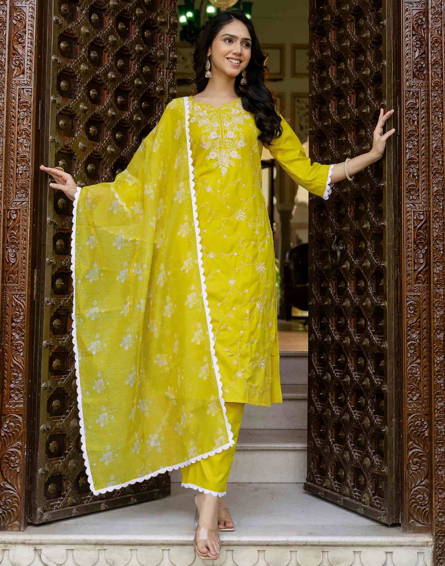 Cotton Blend Embroidery and Sequins Work Straight Kurta with Pant & Dupatta
