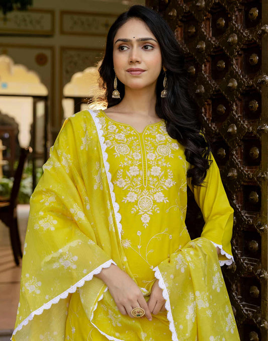Yellow Cotton Blend Embroidery and Sequins Work Straight Kurta Set for Women