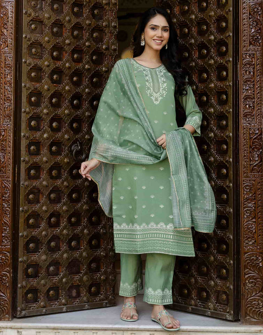 Skylee Green Silk Printed Straight Kurta Set with Pant & Dupatta under 799