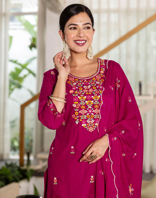 Skylee Pink Cotton Embroidered Straight Kurta with Pant & Dupatta