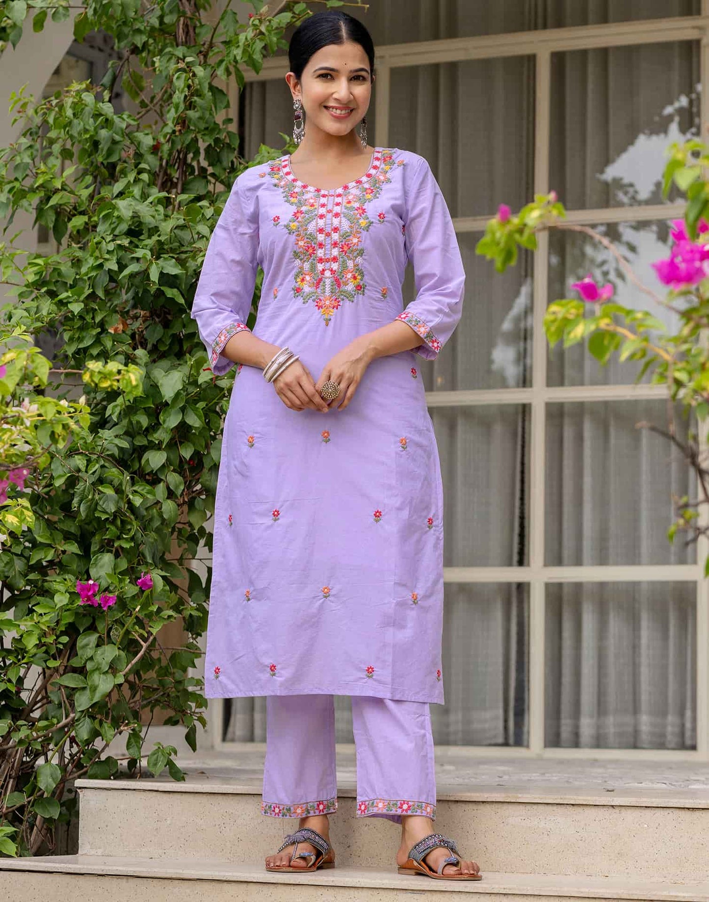 Cotton Embroidered Straight Kurta with Pant & Dupatta
