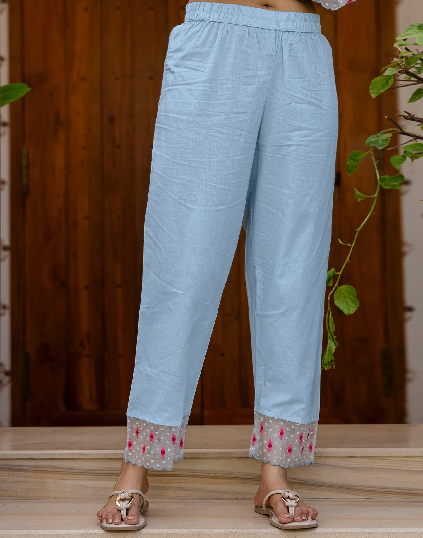 Skylee Light Blue Cotton Embroidered Straight Kurta with Pant & Dupatta