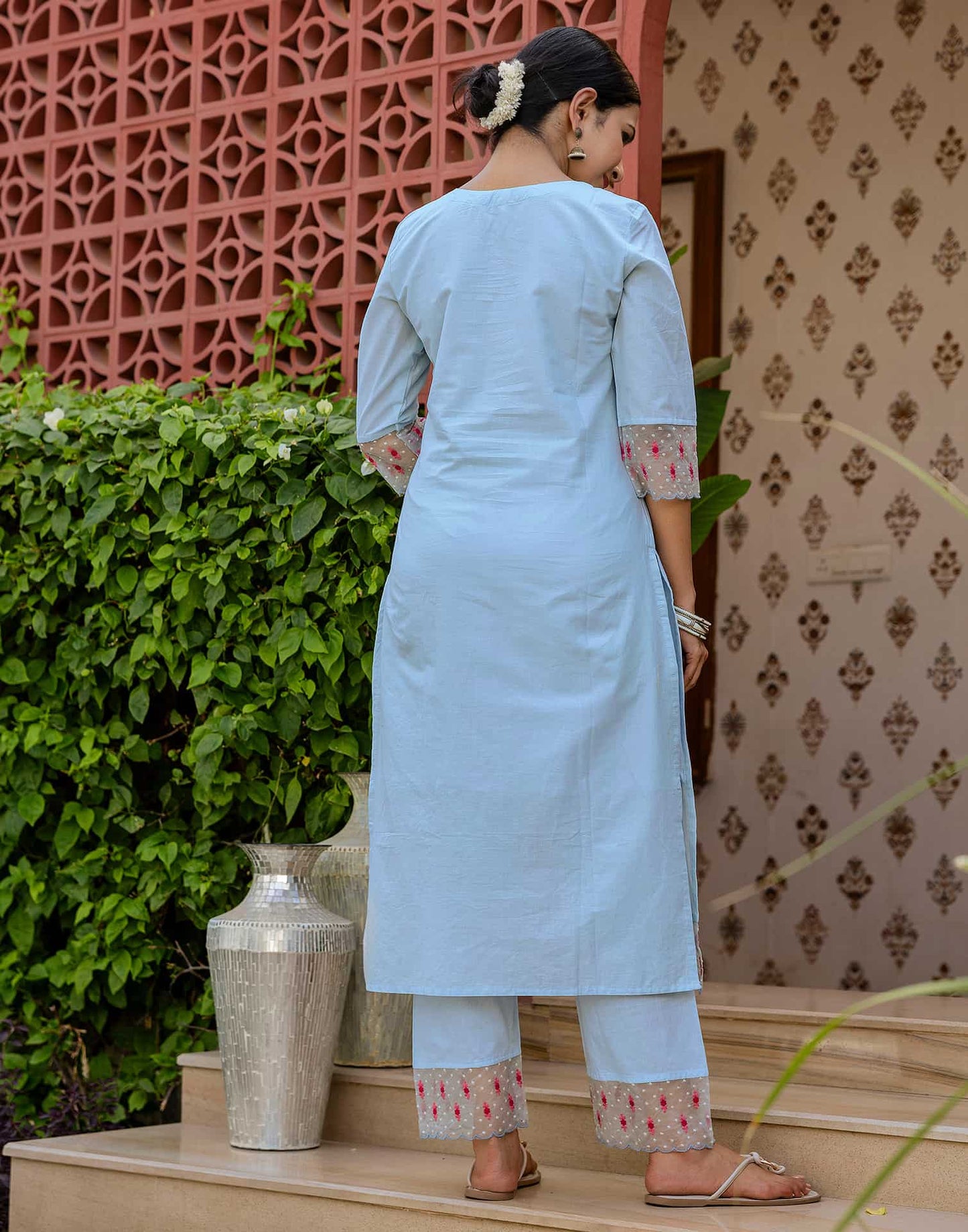Cotton Embroidered Straight Kurta with Pant & Dupatta