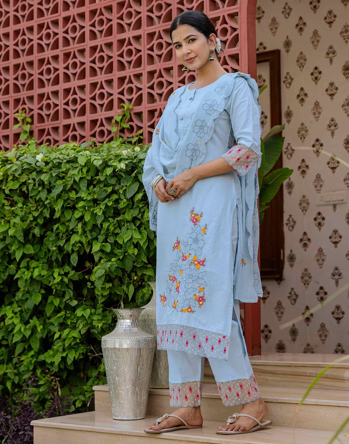 Cotton Embroidered Straight Kurta with Pant & Dupatta