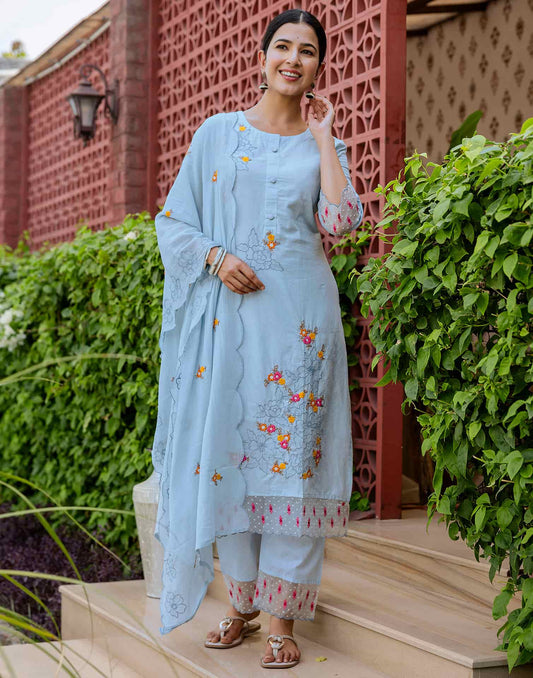 Skylee Light Blue Cotton Embroidered Straight Kurta with Pant & Dupatta