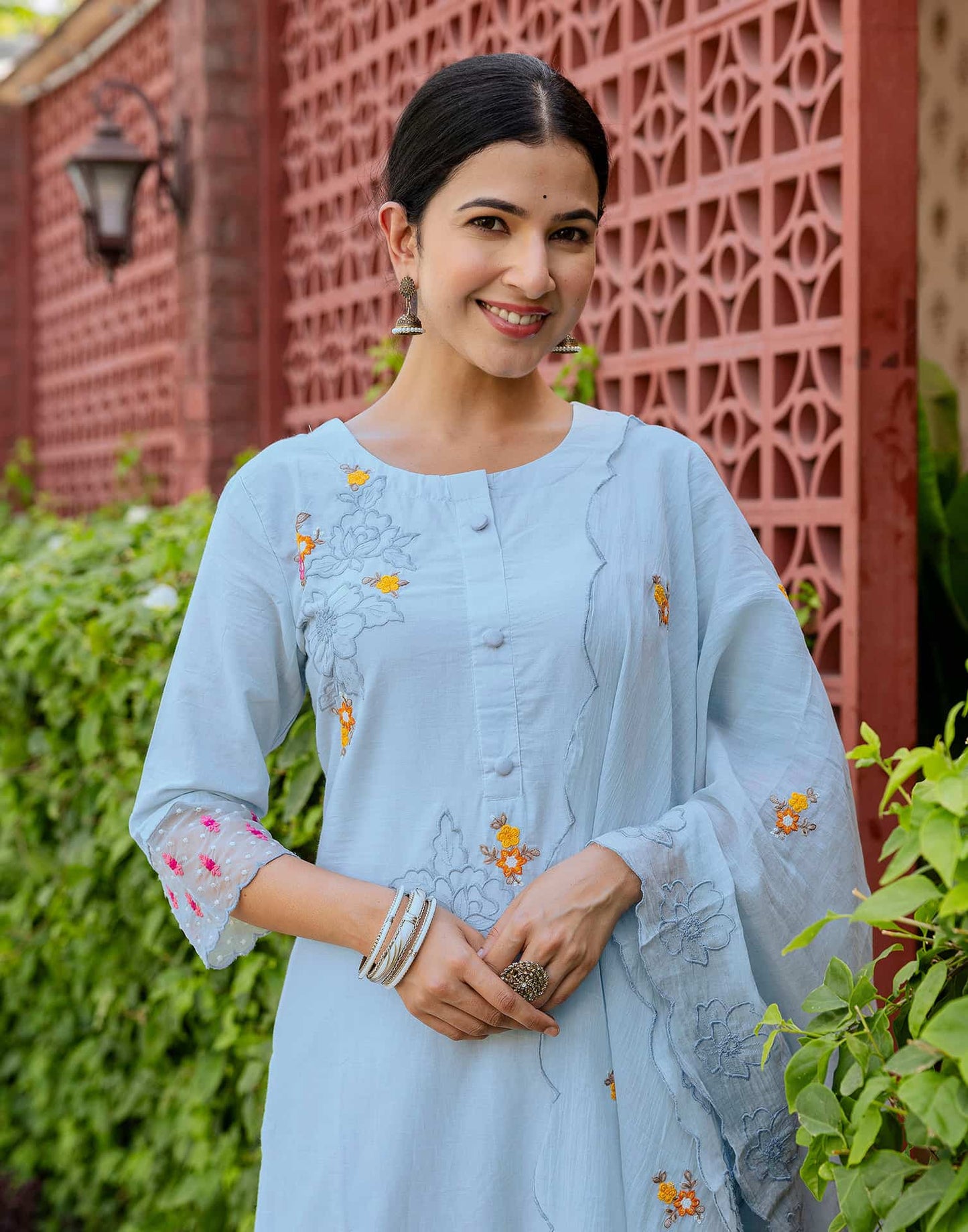 Cotton Embroidered Straight Kurta with Pant & Dupatta