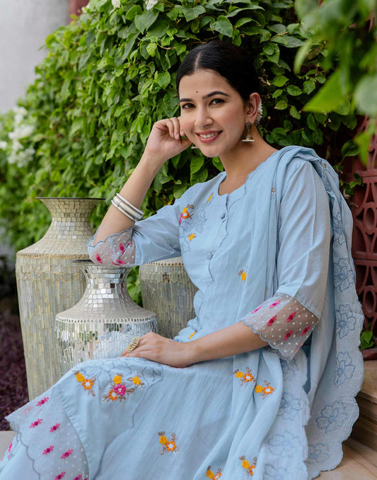 Skylee Light Blue Cotton Embroidered Straight Kurta with Pant & Dupatta