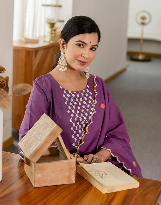 Skylee Purple Cotton Embroidered Straight Kurta with Pant & Dupatta