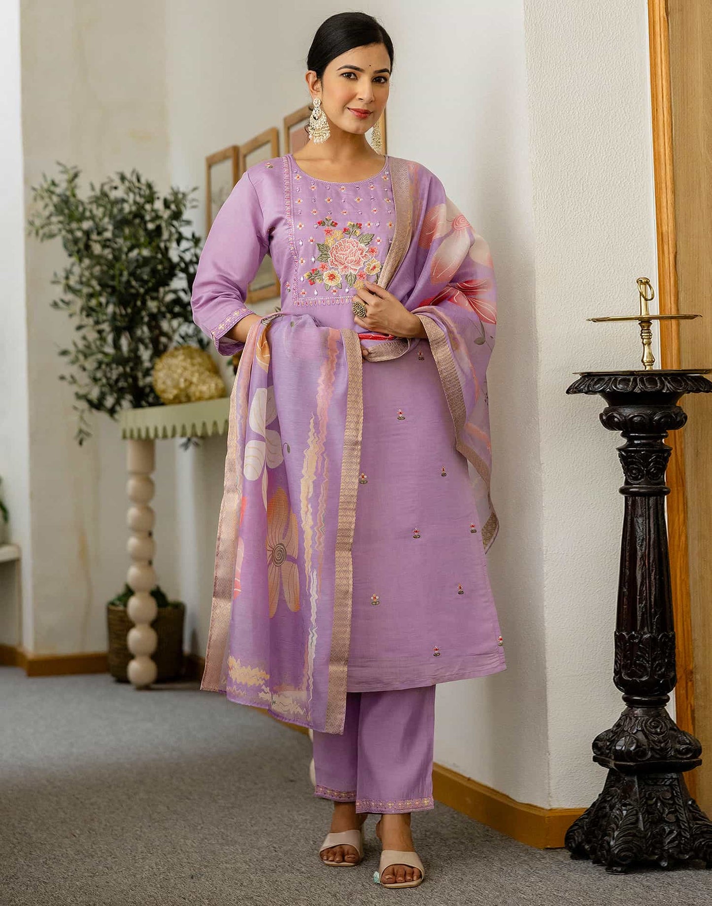 Silk Embroidered Straight Kurta with Pant & Dupatta