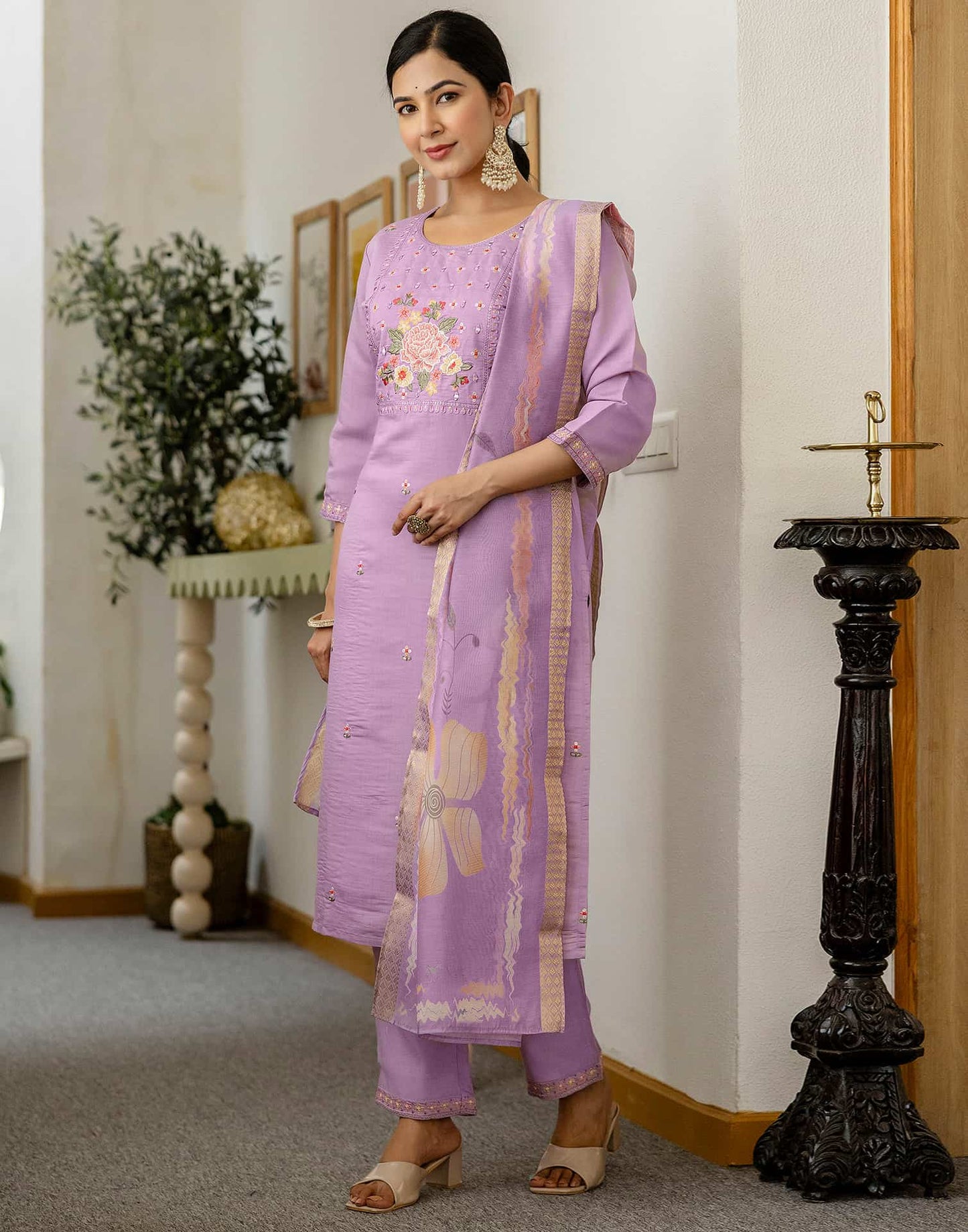 Silk Embroidered Straight Kurta with Pant & Dupatta