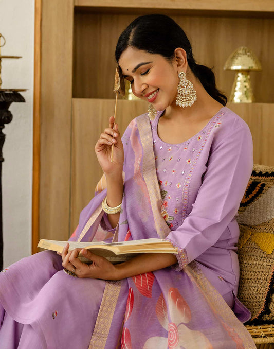 skylee Affordable Purple Silk Embroidered Round-Neck Straight Kurti with Pant & Dupatta under 999