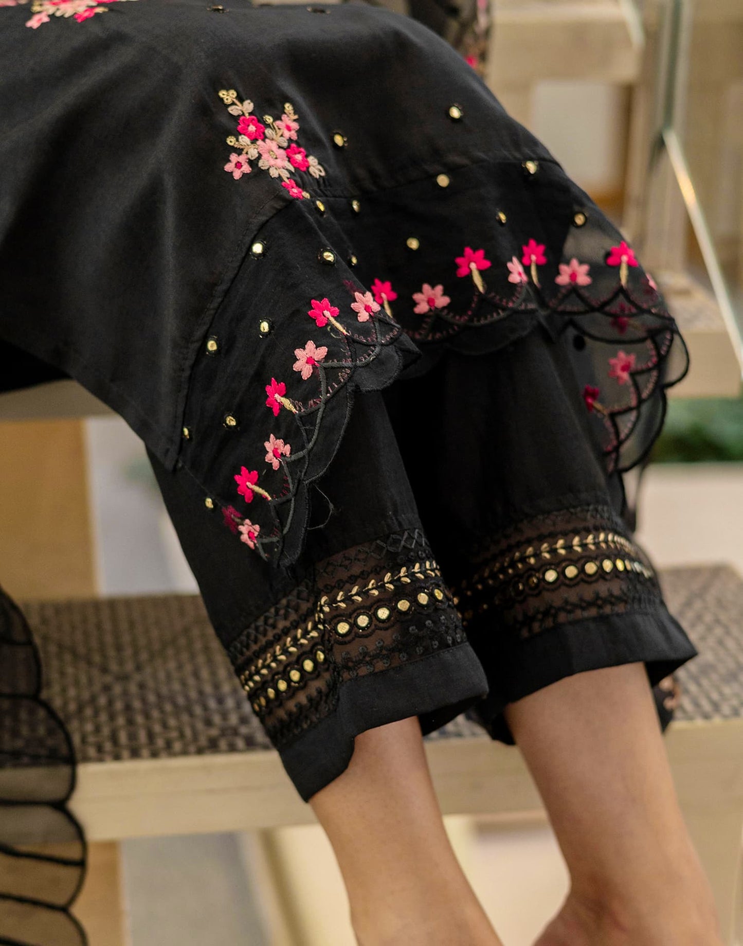 Silk Blend Embroidery, Sequins Work and Embroidery Lace Straight Kurta with Pant & Dupatta