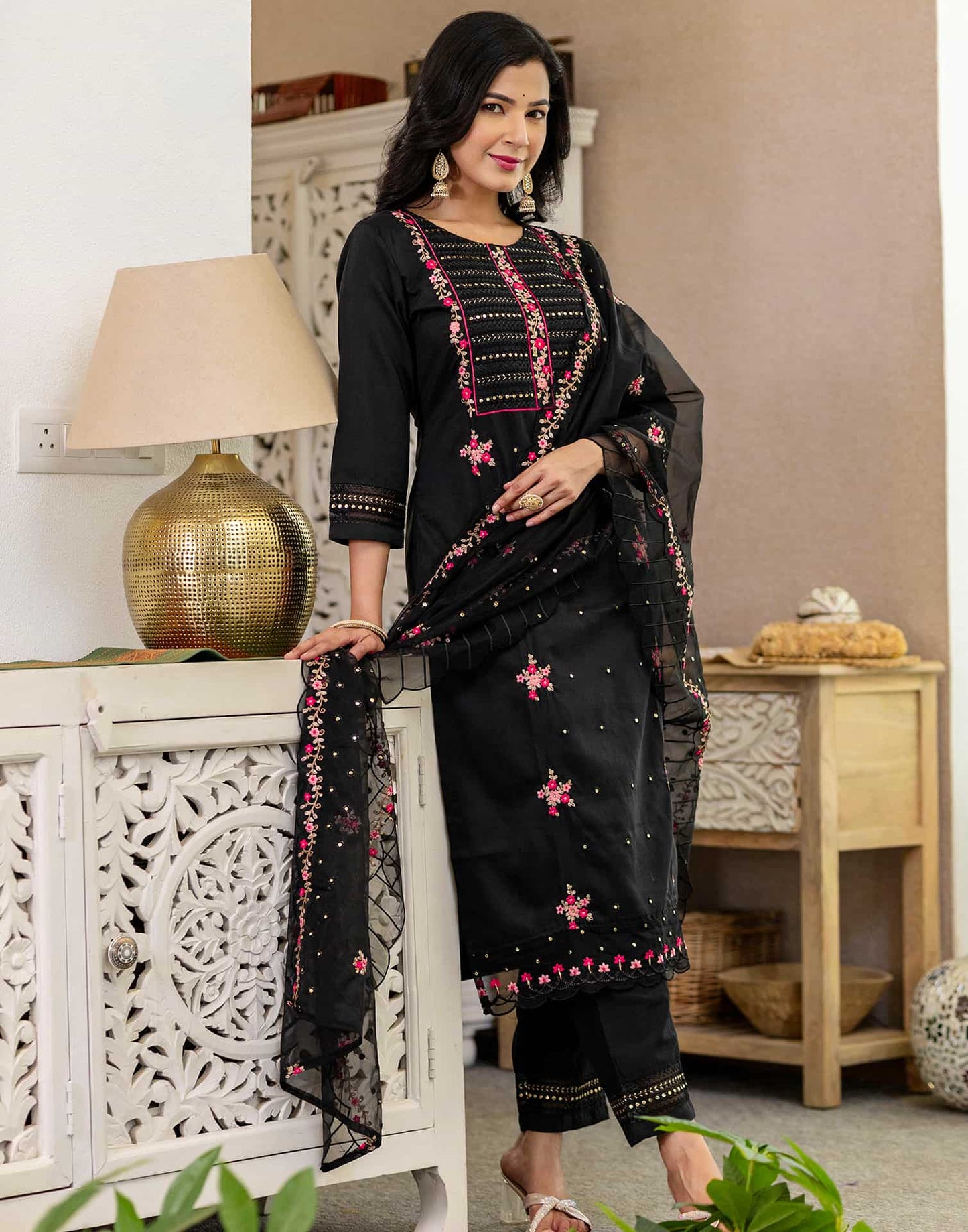 Silk Blend Embroidery, Sequins Work and Embroidery Lace Straight Kurta with Pant & Dupatta