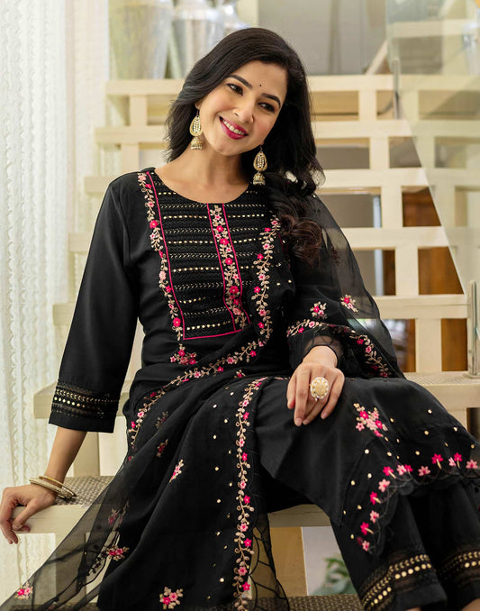 Black Silk Blend Embroidery and Sequins Work Straight Kurta with Pant and Dupatta