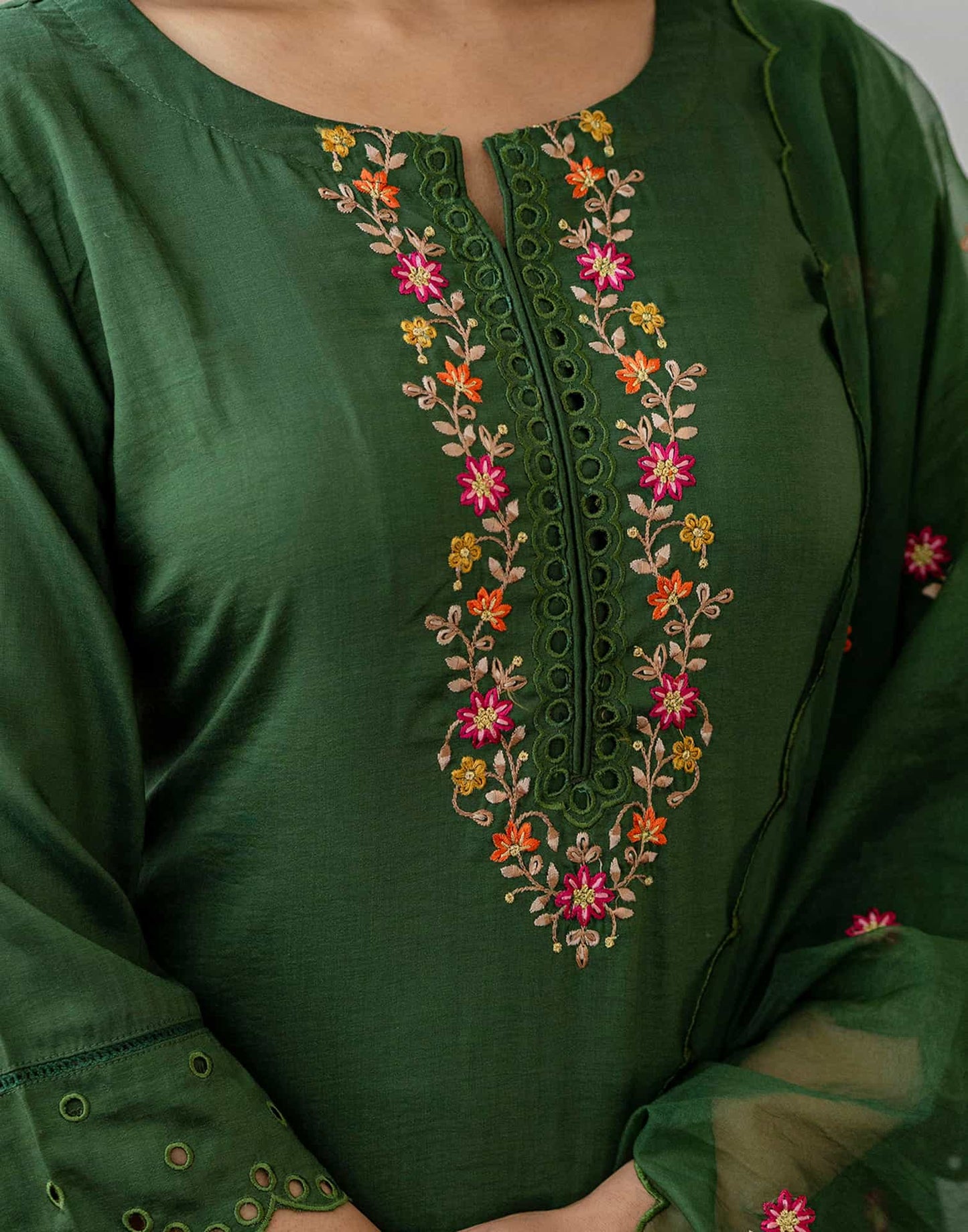 Silk Blend Embroidery, Sequins Work and Embroidery Lace Straight Kurta with Pant & Dupatta
