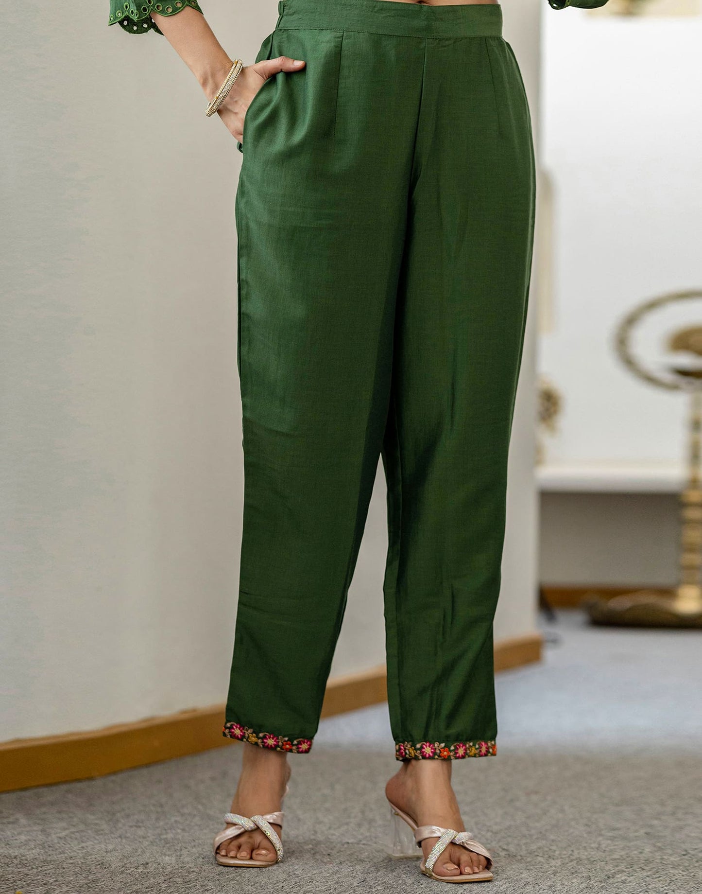 Silk Blend Embroidery, Sequins Work and Embroidery Lace Straight Kurta with Pant & Dupatta