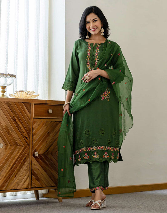 Green Silk Blend Embroidery and Sequins Work Straight Kurta with Pant and Dupatta