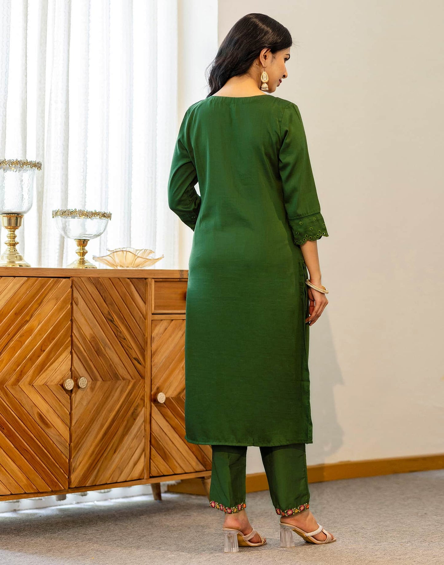 Silk Blend Embroidery, Sequins Work and Embroidery Lace Straight Kurta with Pant & Dupatta