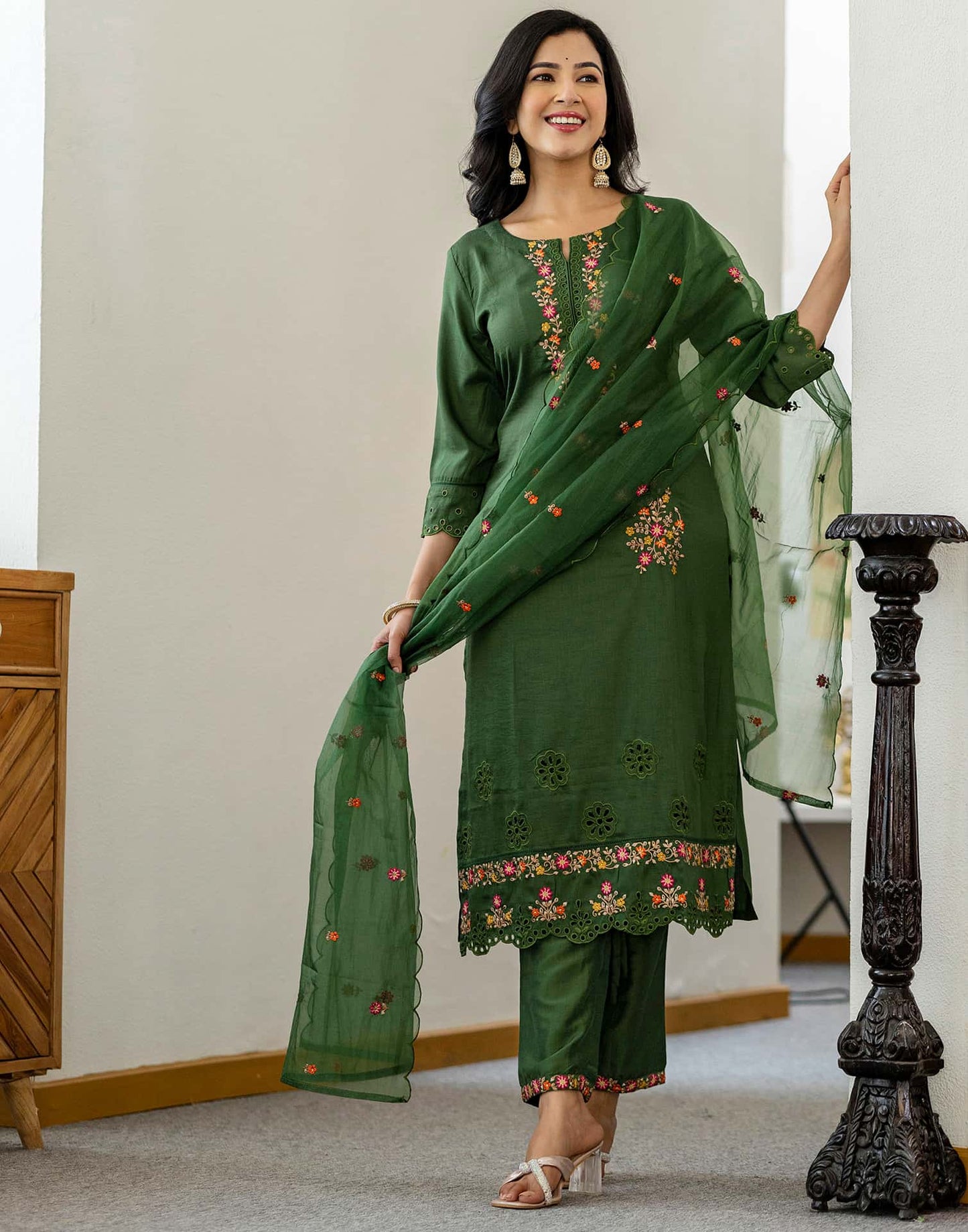 Silk Blend Embroidery, Sequins Work and Embroidery Lace Straight Kurta with Pant & Dupatta