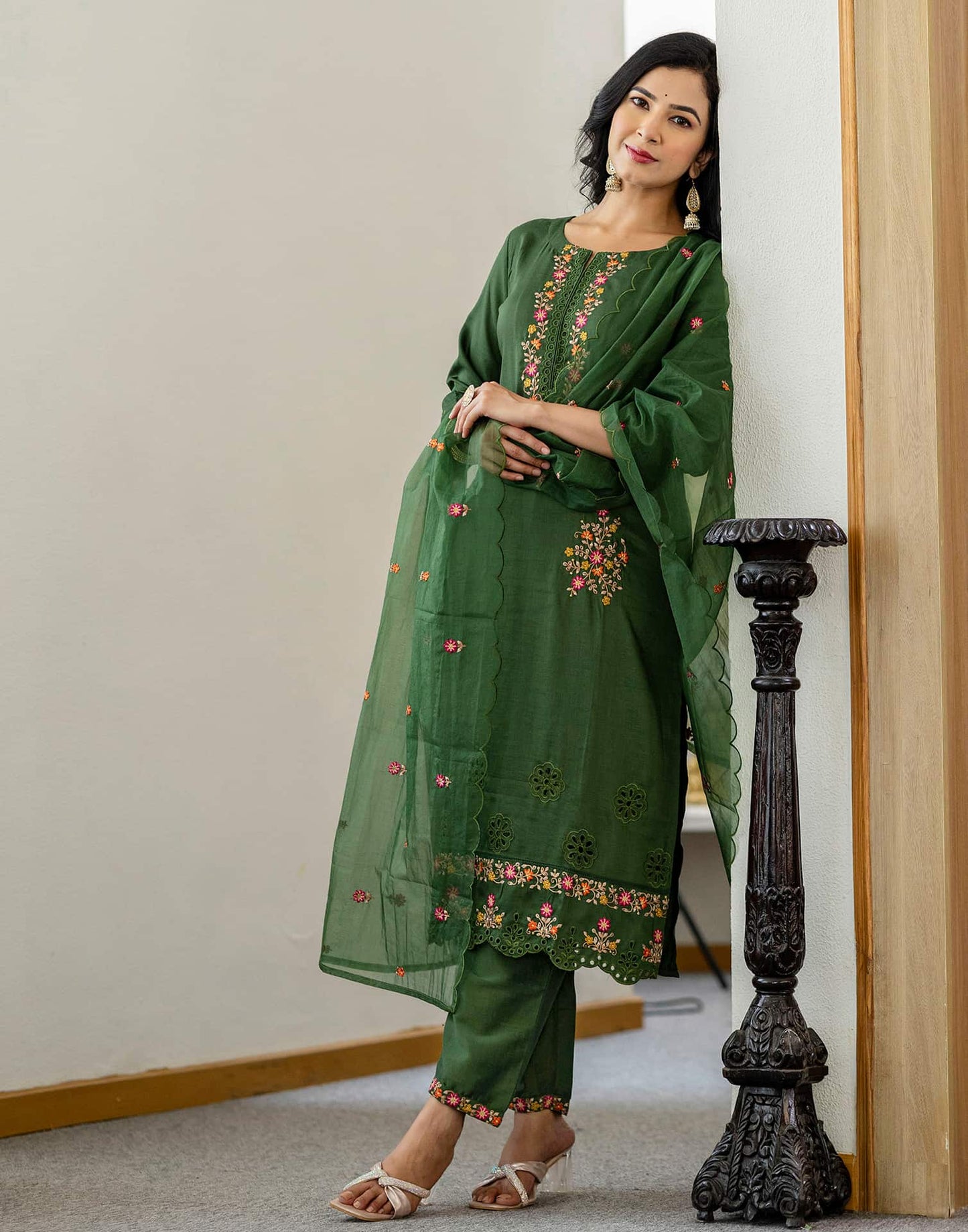 Silk Blend Embroidery, Sequins Work and Embroidery Lace Straight Kurta with Pant & Dupatta