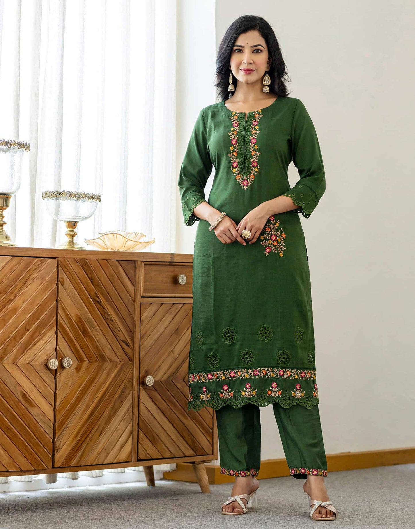 Silk Blend Embroidery, Sequins Work and Embroidery Lace Straight Kurta with Pant & Dupatta