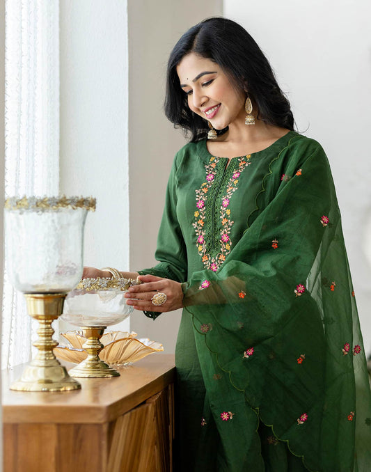 Green Silk Blend Embroidery and Sequins Work Straight Kurta with Pant and Dupatta