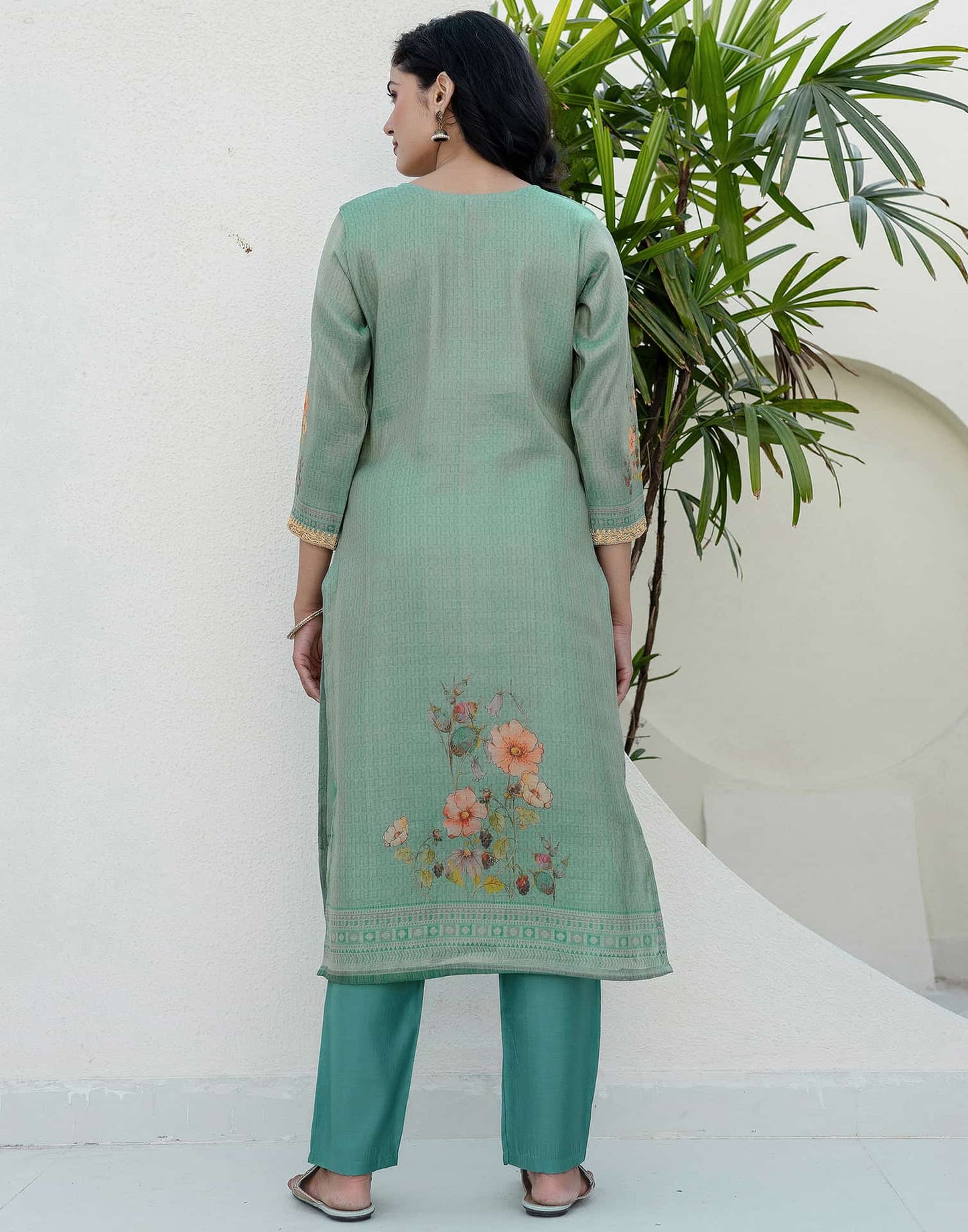 Skylee Affordable Silk Embroidered Round-Neck Straight Kurti Set with Pant & Dupatta Green