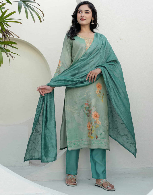Skylee Affordable Silk Embroidered Round-Neck Straight Kurti Set with Pant & Dupatta Green