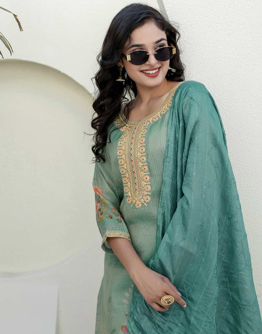 Skylee Affordable Silk Embroidered Round-Neck Straight Kurti Set with Pant & Dupatta Green