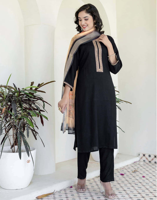 Rayon Sequins, Embroidery and Gota Lace Straight Kurta with Pant & Dupatta