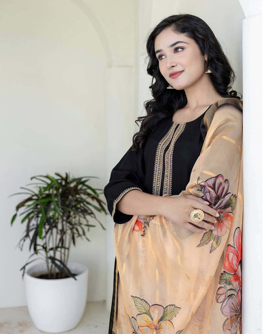 Rayon Sequins, Embroidery and Gota Lace Straight Kurta with Pant & Dupatta