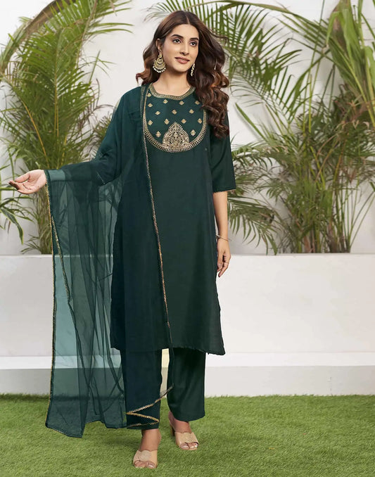 Silk Blend Dyed, Sequence Work and Lace Straight Kurta with Pant & Dupatta