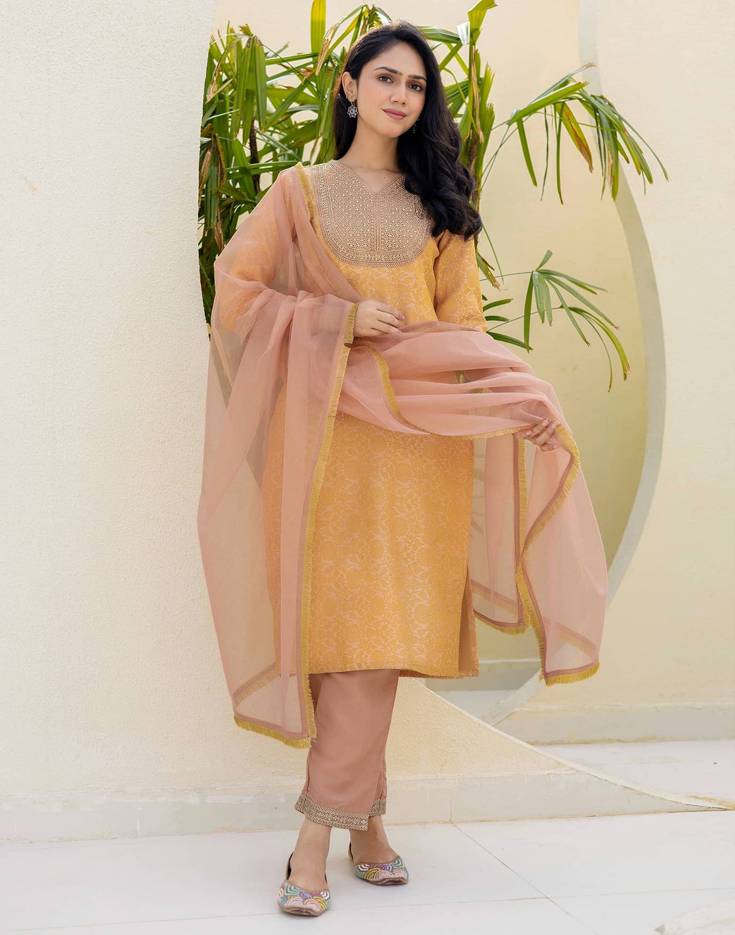 Silk Blend Woven Straight Kurta with Pant & Dupatta