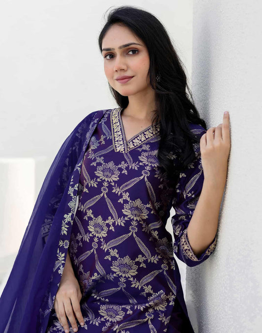 Skylee Affordable Purple Silk Foil-Printed Straight Kurta Set under 999