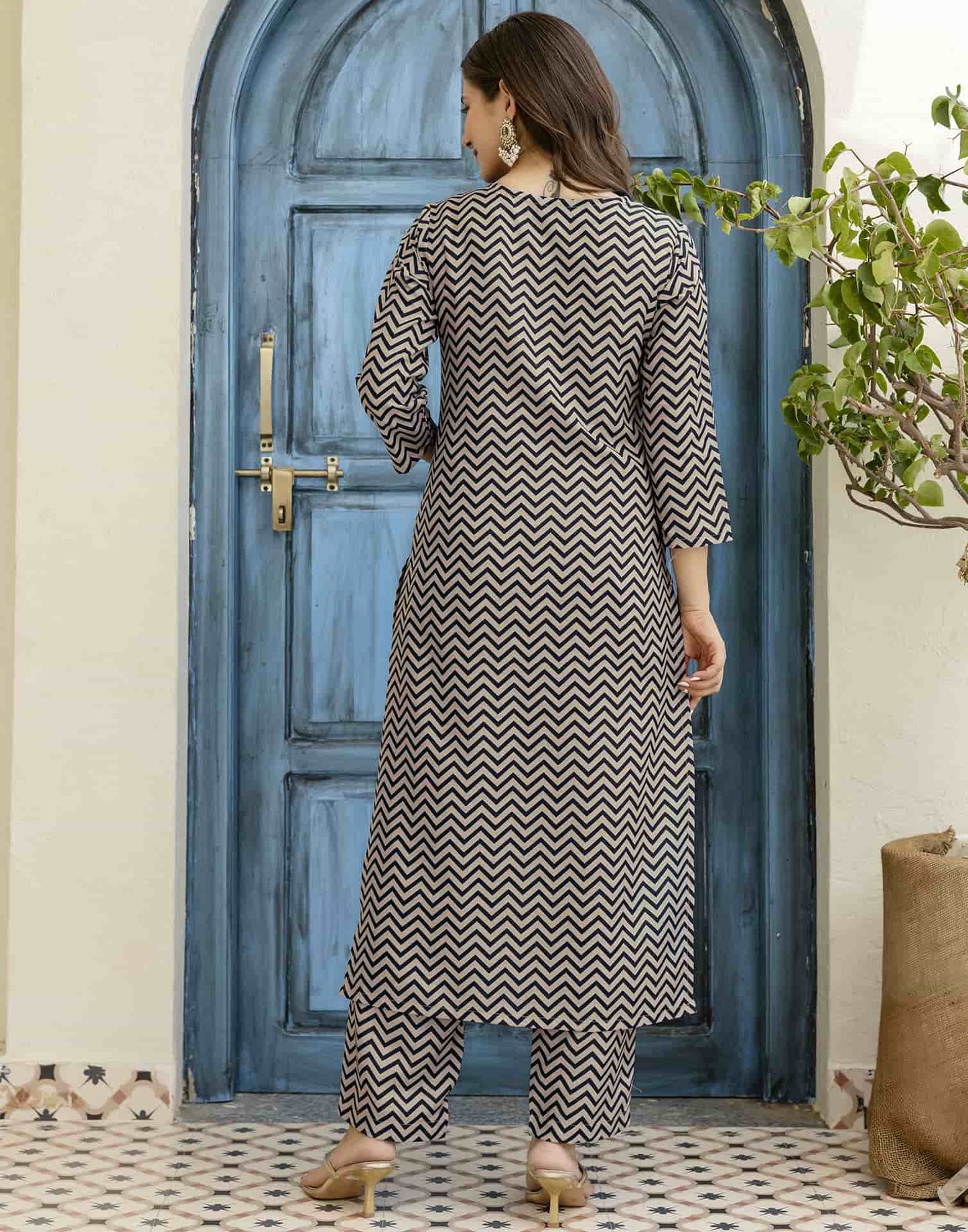 Beige Cotton Blend Printed Straight Kurta Set with Pant & Dupatta