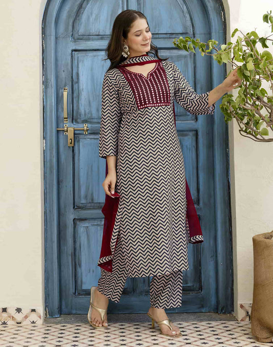 Beige Cotton Blend Printed Straight Kurta Set with Pant & Dupatta