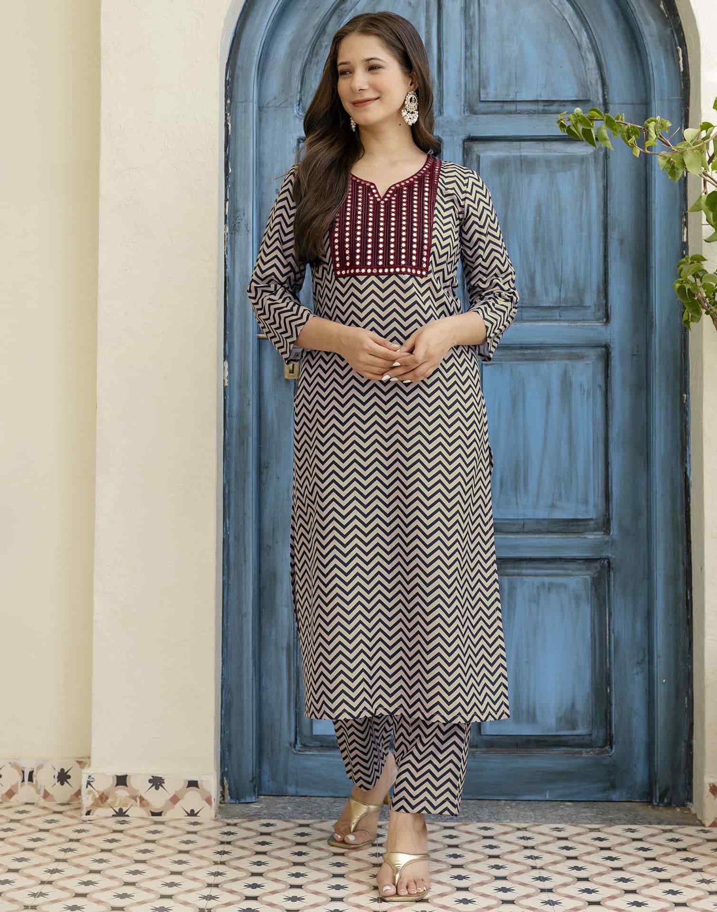 Cotton Blend Printed Straight Kurta with Pant & Dupatta