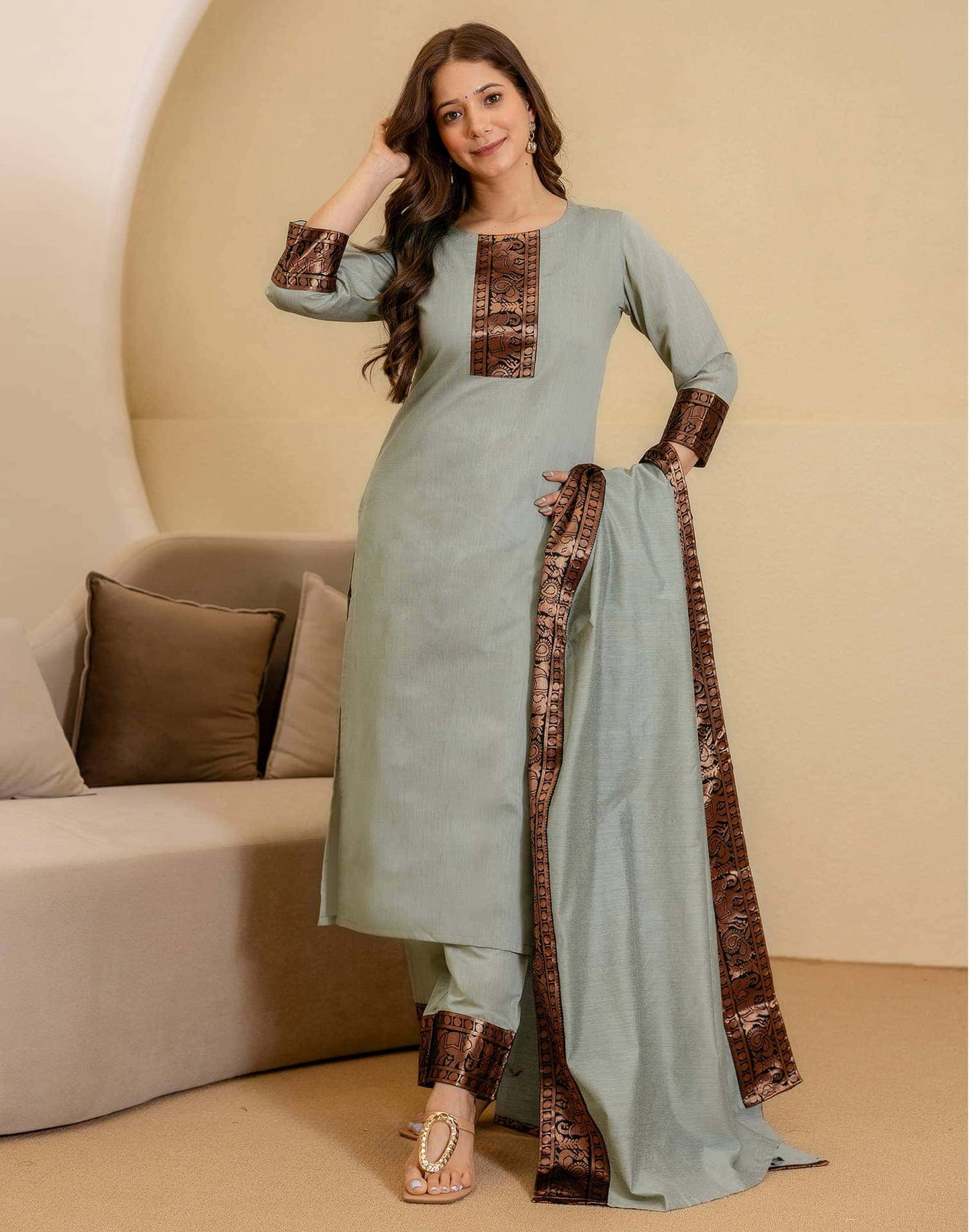 Chanderi Woven Straight Kurta with Pant & Dupatta