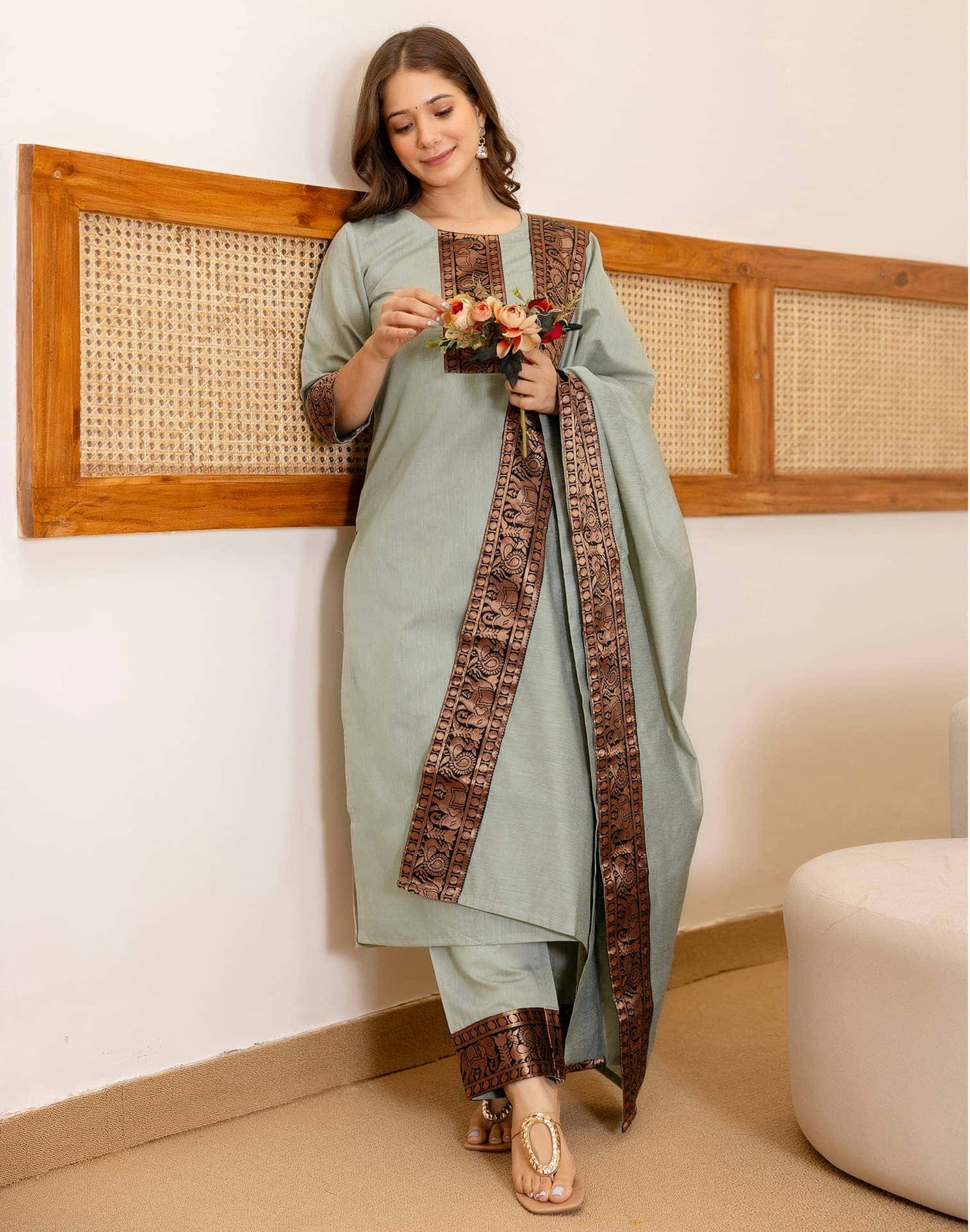 Chanderi Woven Straight Kurta with Pant & Dupatta