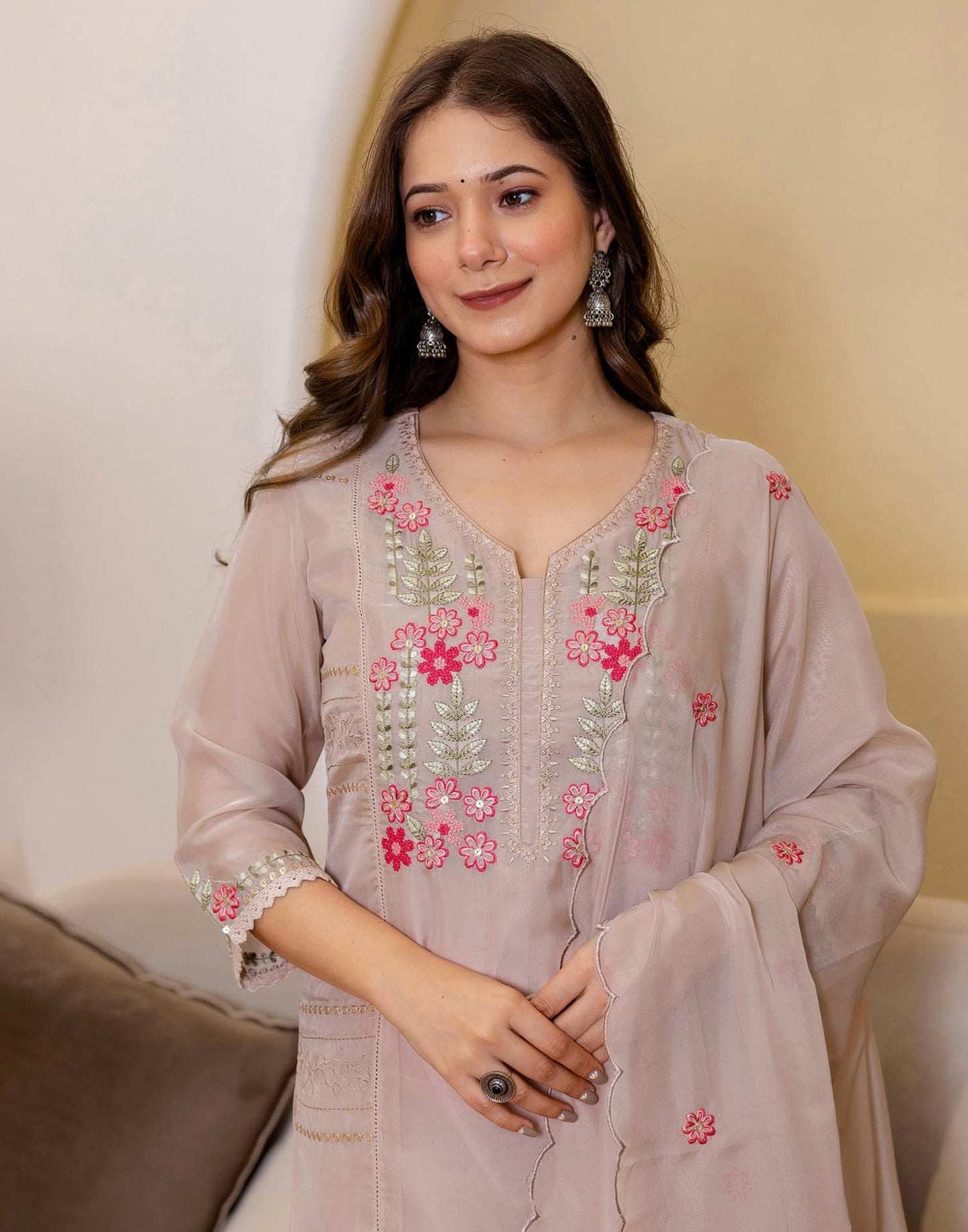 Silk Blend Embroidered A-Line Kurta with Pant & Dupatta