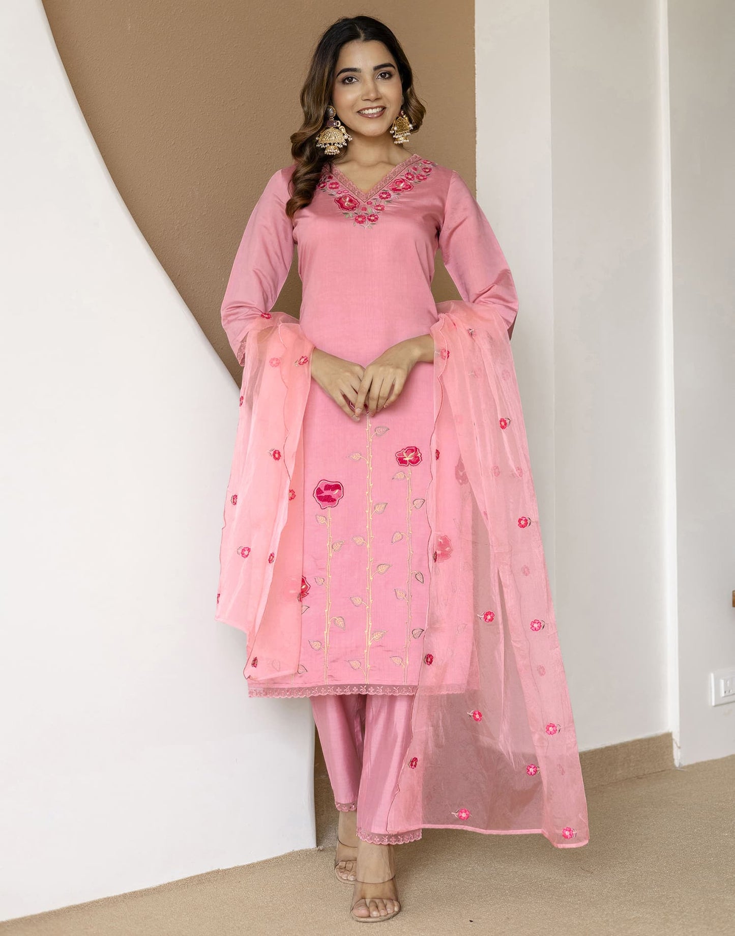 Silk Blend Embroidered Straight Kurta with Pant & Dupatta
