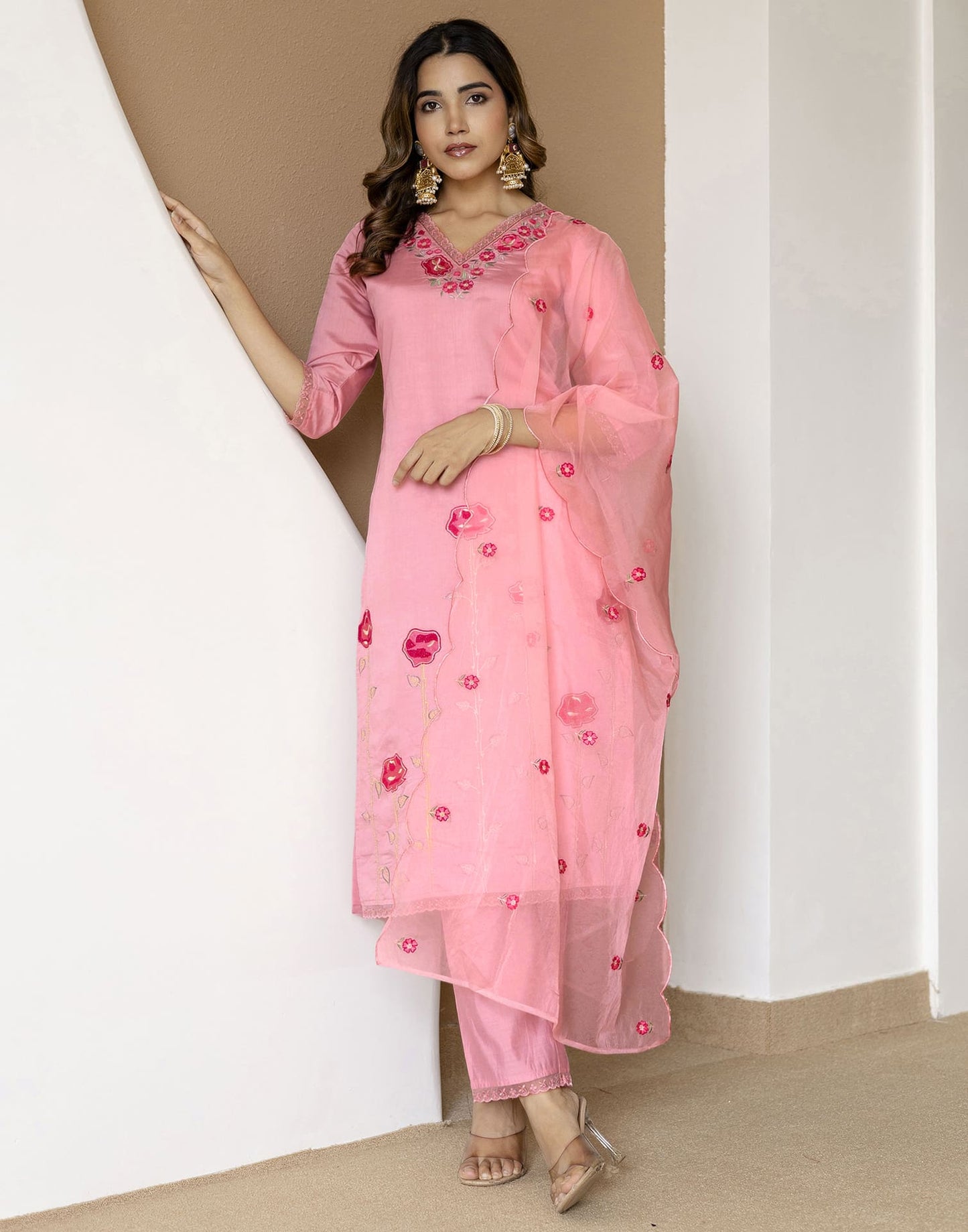 Silk Blend Embroidered Straight Kurta with Pant & Dupatta