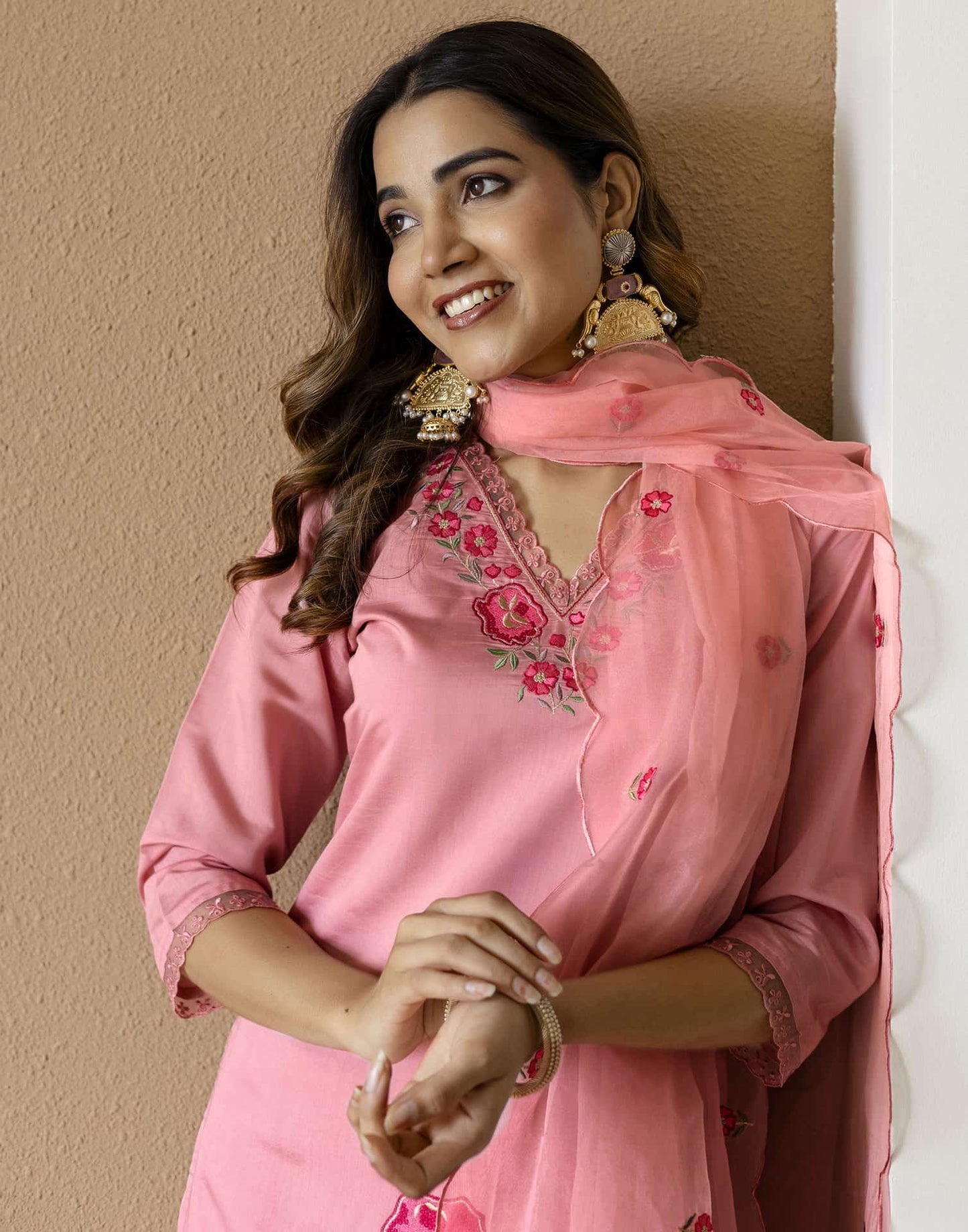 Silk Blend Embroidered Straight Kurta with Pant & Dupatta