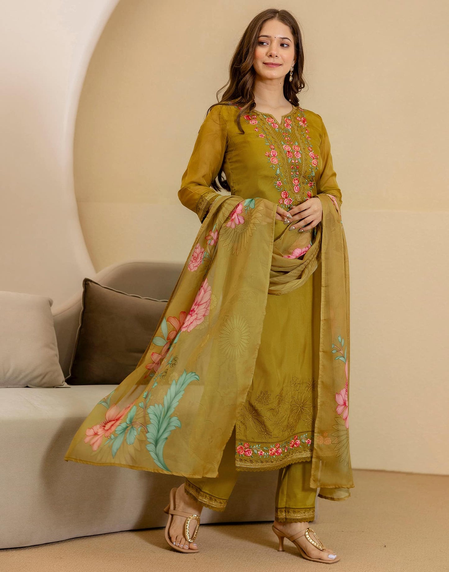 Silk Blend Embroidered Straight Kurta with Pant & Dupatta