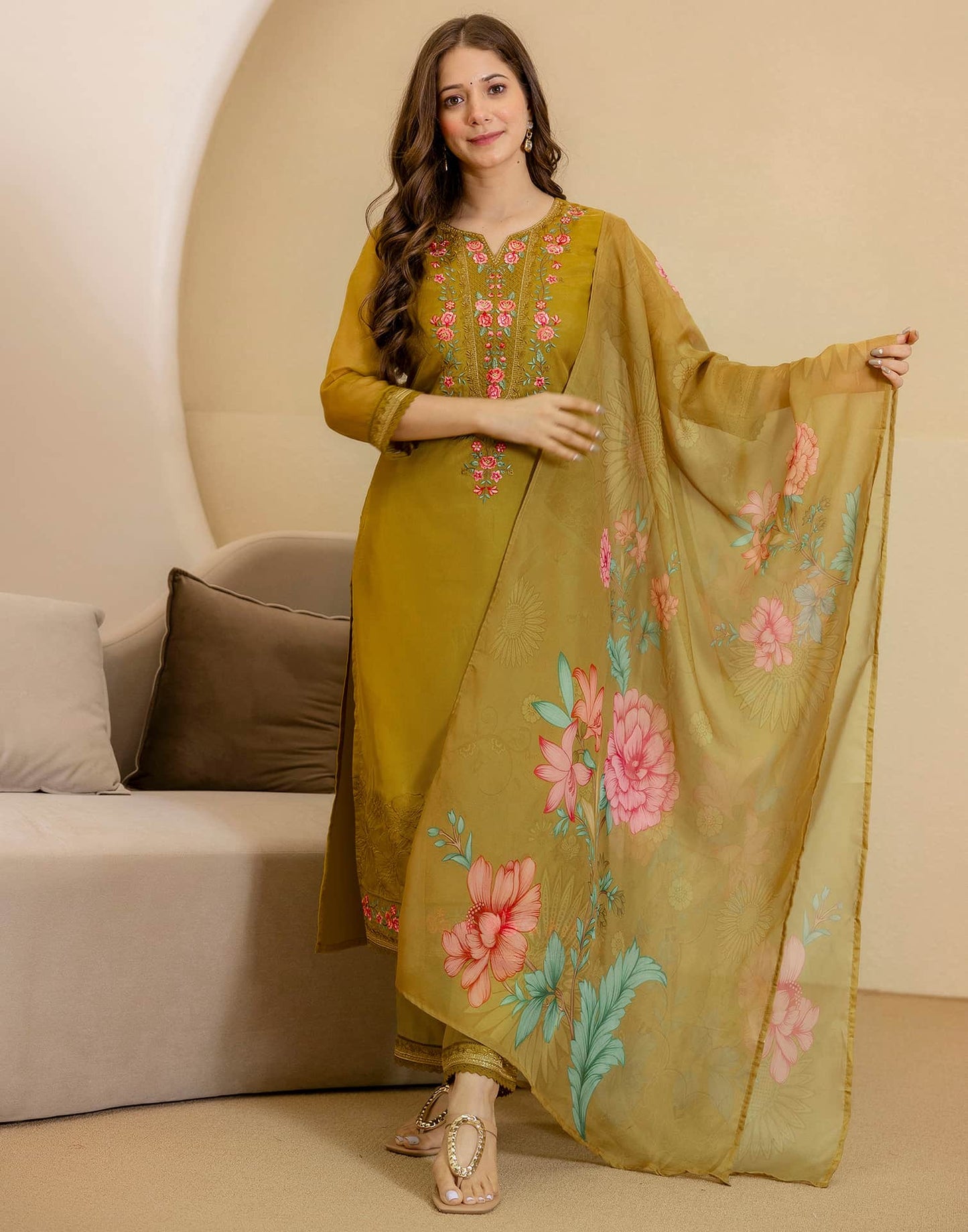 Silk Blend Embroidered Straight Kurta with Pant & Dupatta