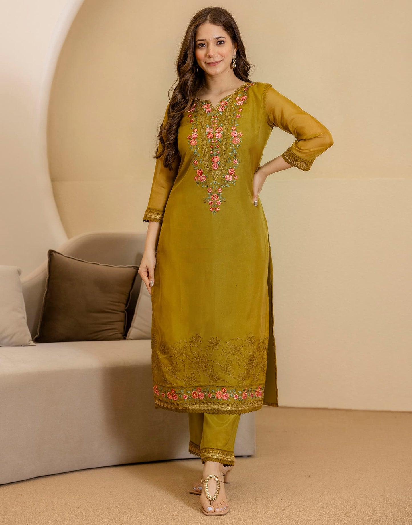 Silk Blend Embroidered Straight Kurta with Pant & Dupatta