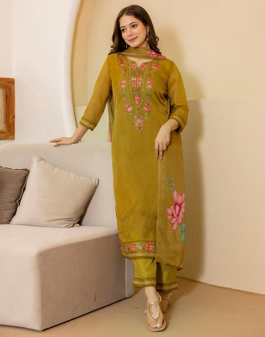 Green Silk Blend Embroidered Straight Kurta Set for Women with Pant and Dupatta